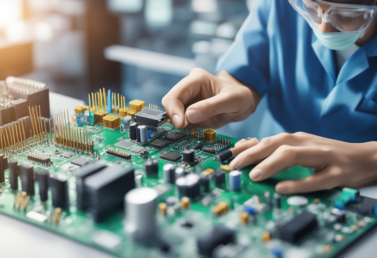 An array of electronic components being meticulously assembled onto a printed circuit board in a well-lit, sterile environment