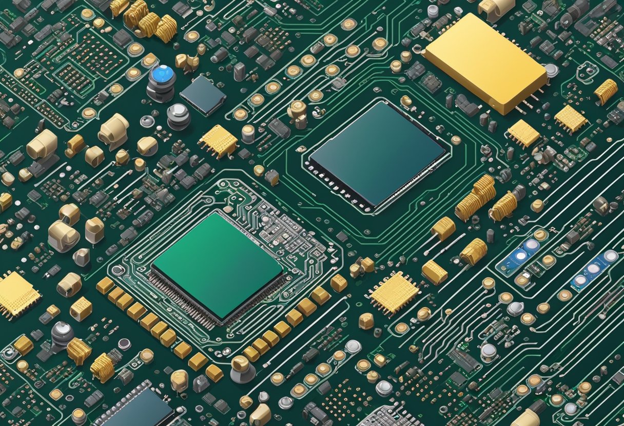 A circuit board with various electronic components arranged in a precise layout, ready for assembly