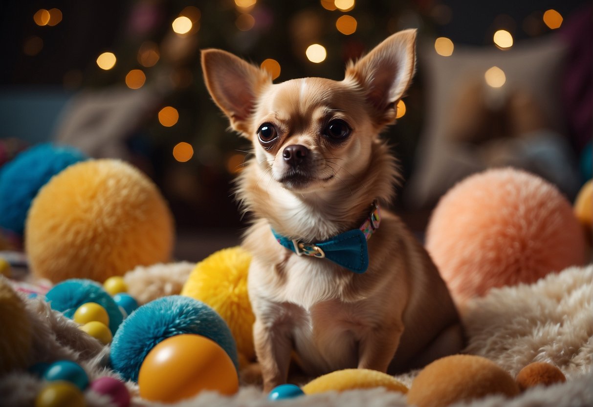 A chihuahua sits on a fluffy pillow, surrounded by colorful toys and a price tag reading "combien coûte un chihuahua."
