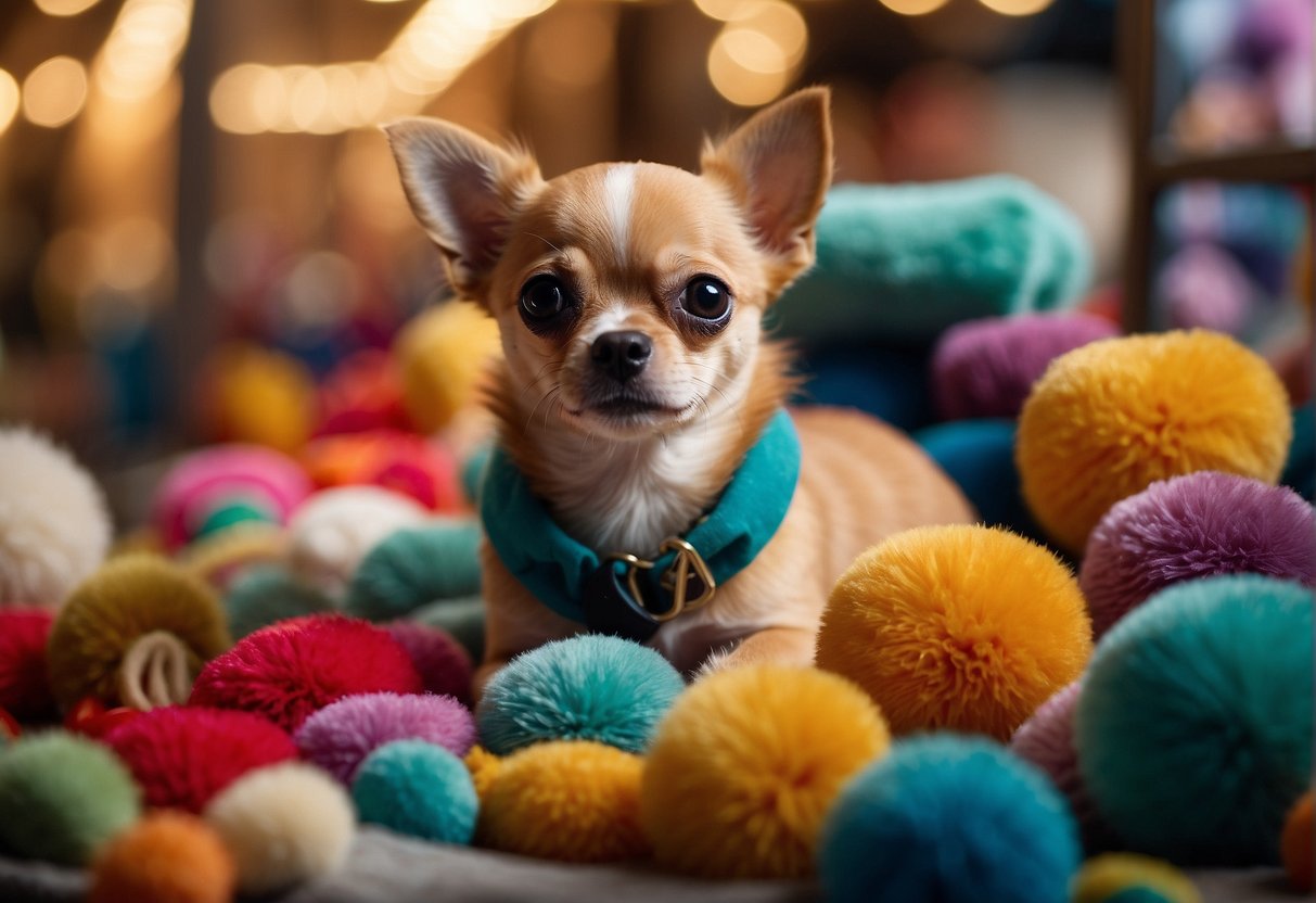 A chihuahua puppy sits in a cozy pet store display, surrounded by colorful toys and fluffy blankets. A price tag dangles from its collar, displaying the initial cost