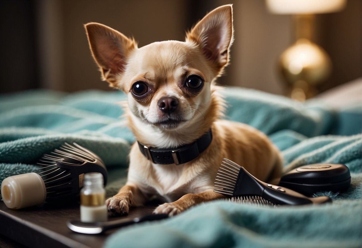 A chihuahua receiving daily care and grooming, surrounded by grooming tools and a cozy bed