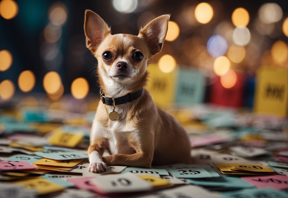 A chihuahua sits on a price tag surrounded by question marks