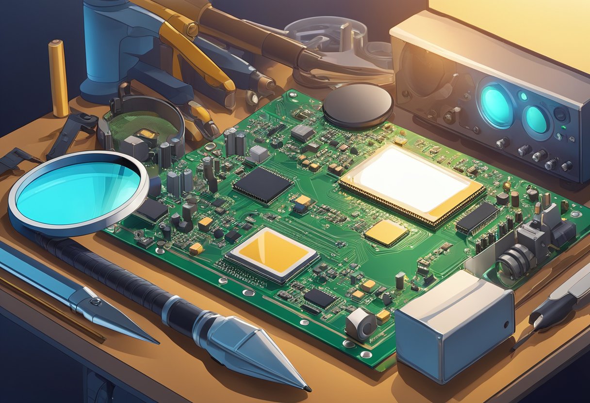 A PCB assembly laid out on a workbench under bright lighting, with a magnifying glass and inspection tools nearby