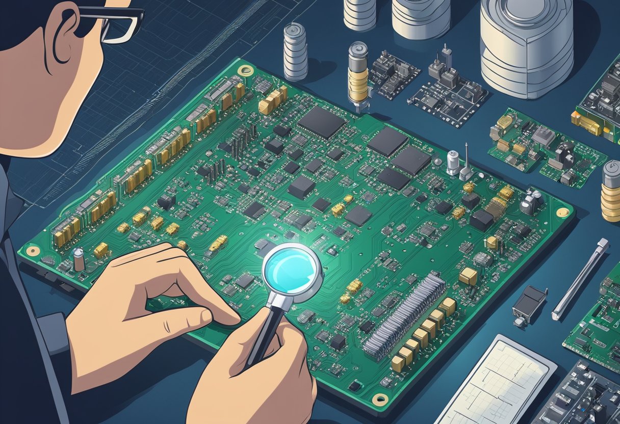 An inspector examines a PCB assembly under bright lighting, using a magnifying glass and a checklist. Various electronic components are neatly arranged on the circuit board