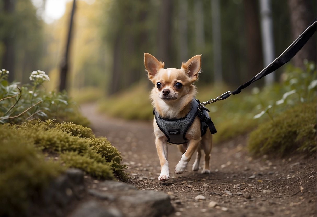 A chihuahua walking along a scenic trail, with a small backpack and a leash, showing its physical capabilities