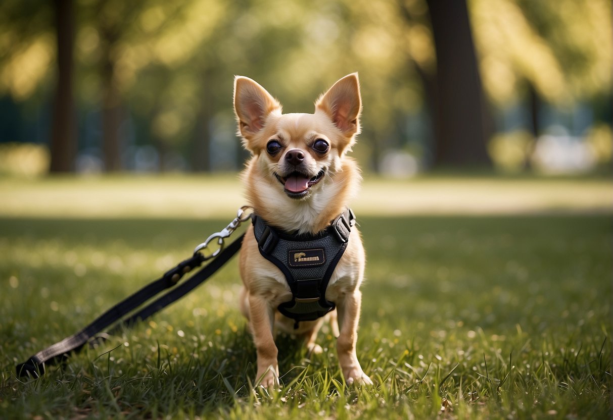 A chihuahua walks on a leash through a park, surrounded by trees and grass. The small dog is wearing a harness and looks alert and happy