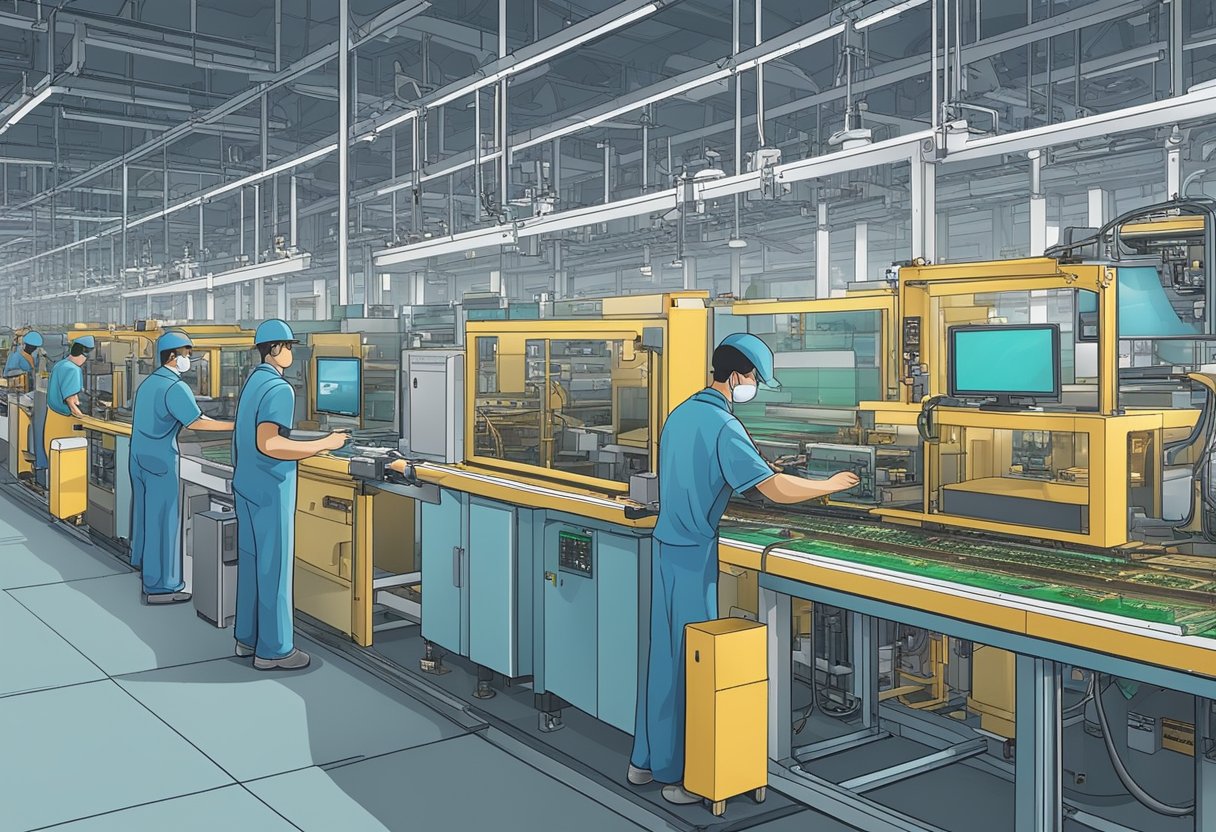 Machines fabricate PCBs in a Chinese factory. Components are assembled onto the boards