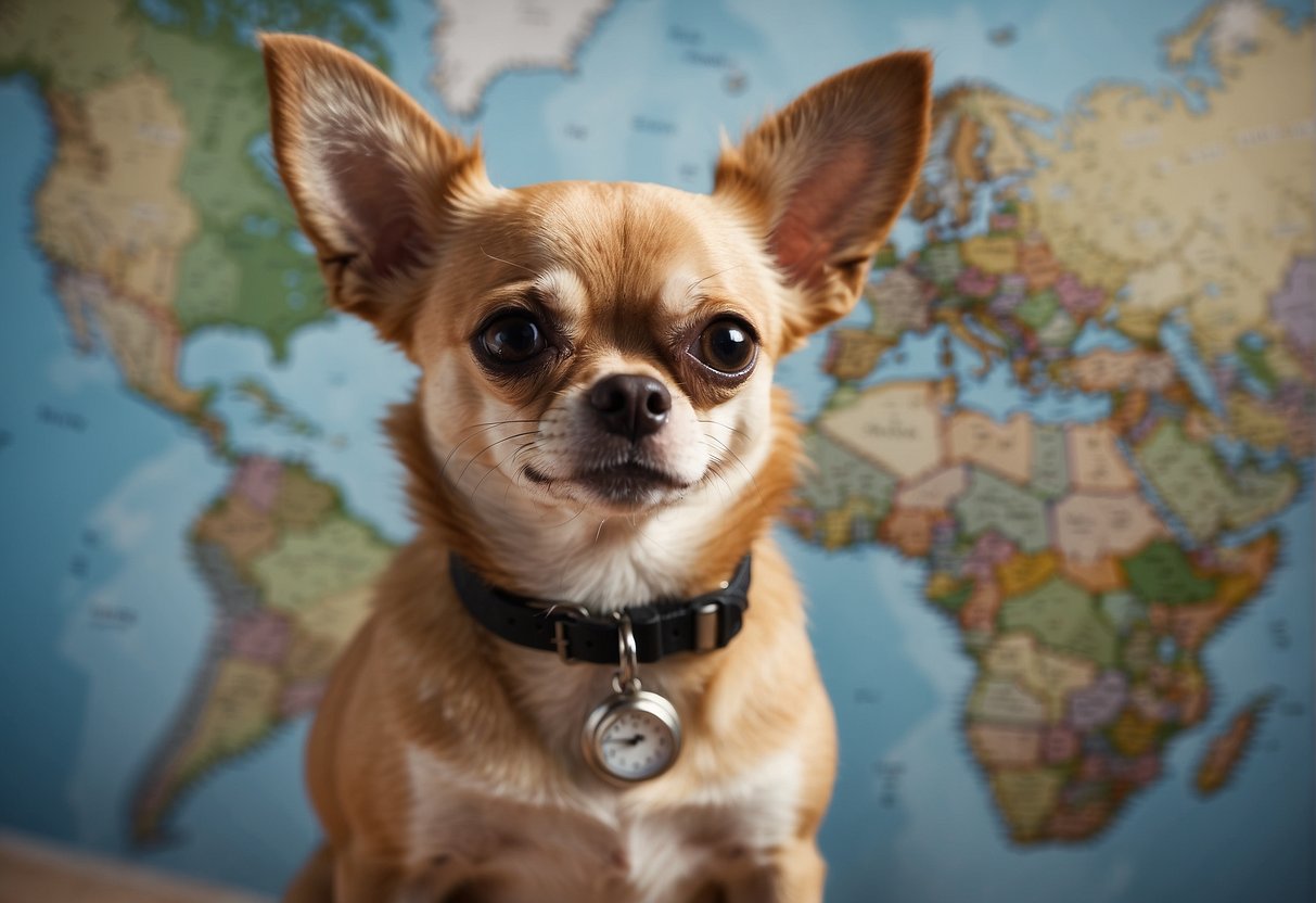 A chihuahua walking a long distance, with a tired expression, surrounded by a map and distance markers