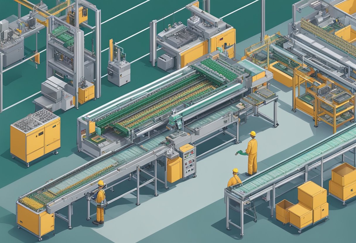 A conveyor belt moves PCBs through a series of machines in a Chinese fabrication facility. Soldering, drilling, and inspection stations are visible