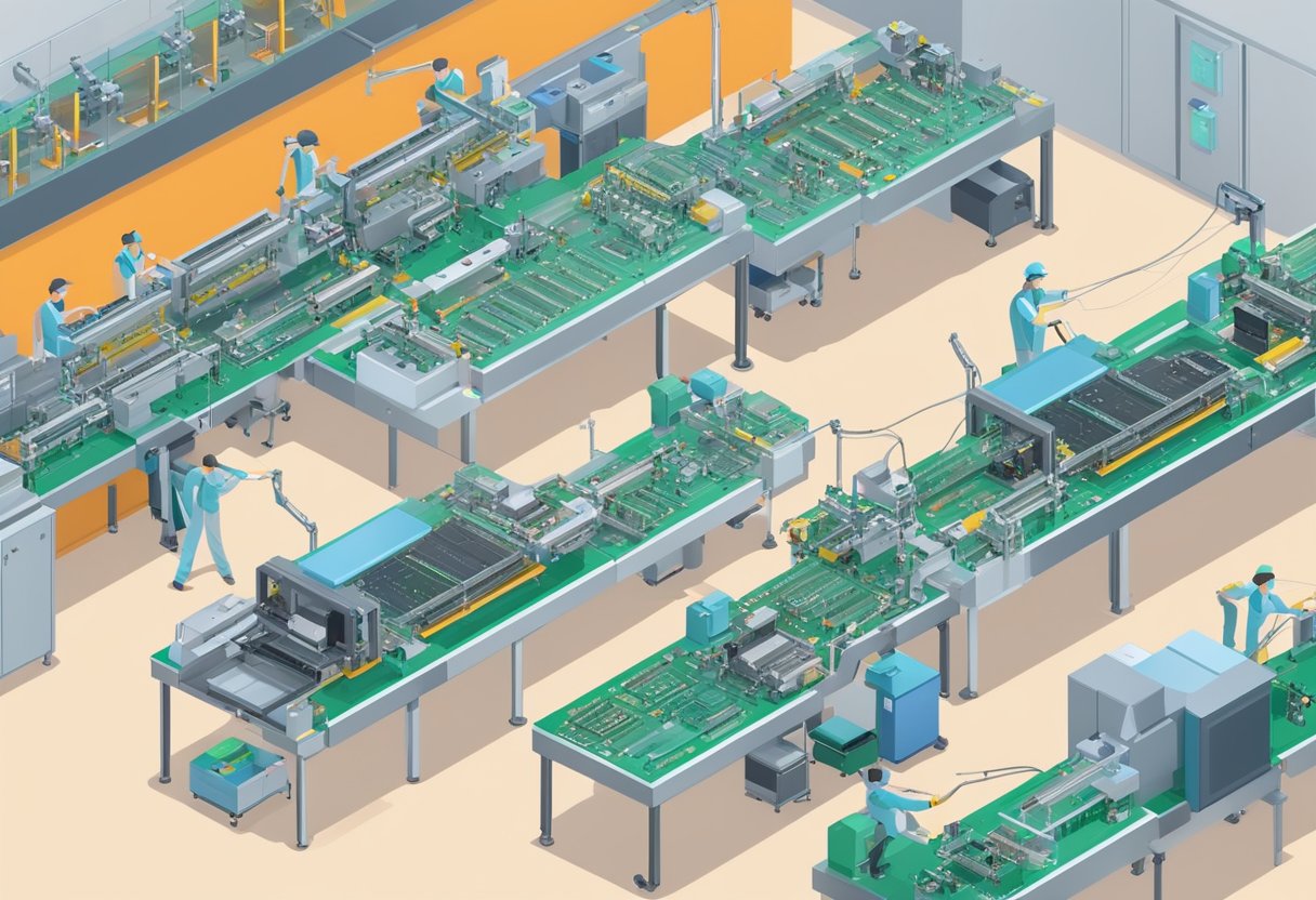 SMT PCB assembly line with machines, conveyor belts, and robotic arms. Components being placed and soldered onto circuit boards