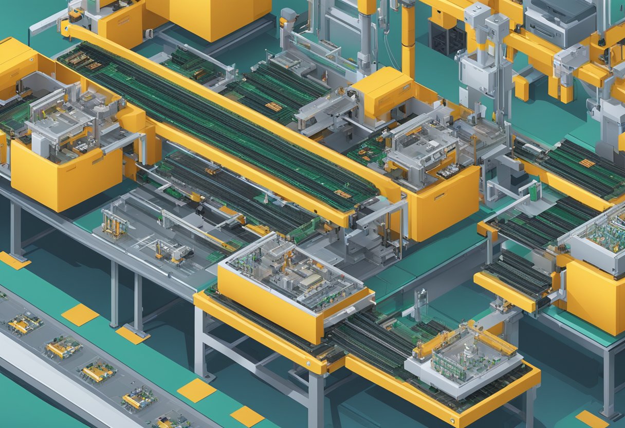 Multiple PCBs being assembled on a conveyor belt, with robotic arms placing surface mount components onto the boards