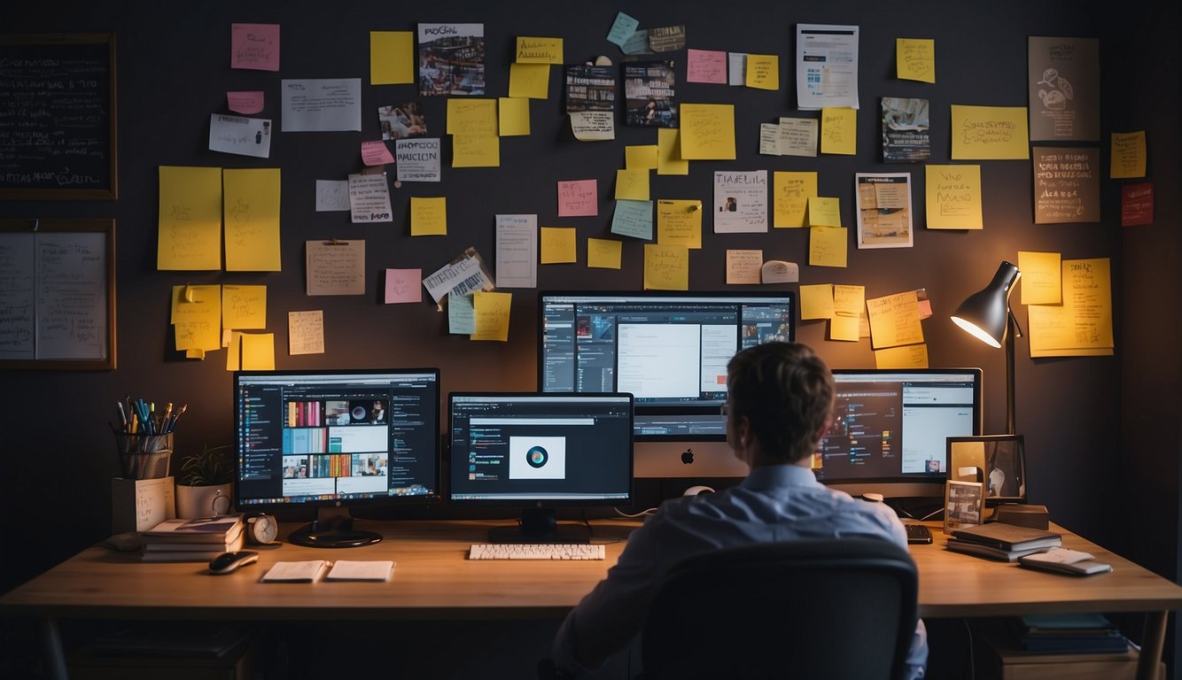 A person sitting at a desk with a computer, surrounded by books and notebooks. The computer screen displays social media platforms and analytics. Post-it notes with social media strategies are stuck to the wall