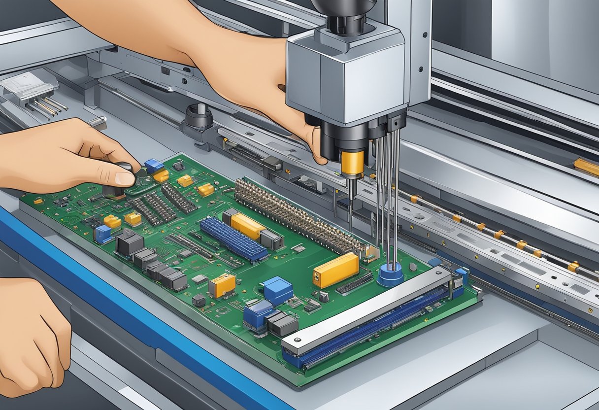 A pick and place machine swiftly picks up electronic components and accurately places them onto a printed circuit board during the assembly process