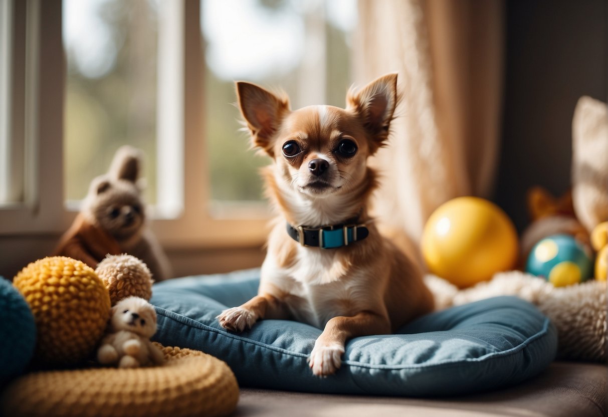 A chihuahua sitting on a cozy cushion, surrounded by toys and a bowl of water, with a sunny window in the background