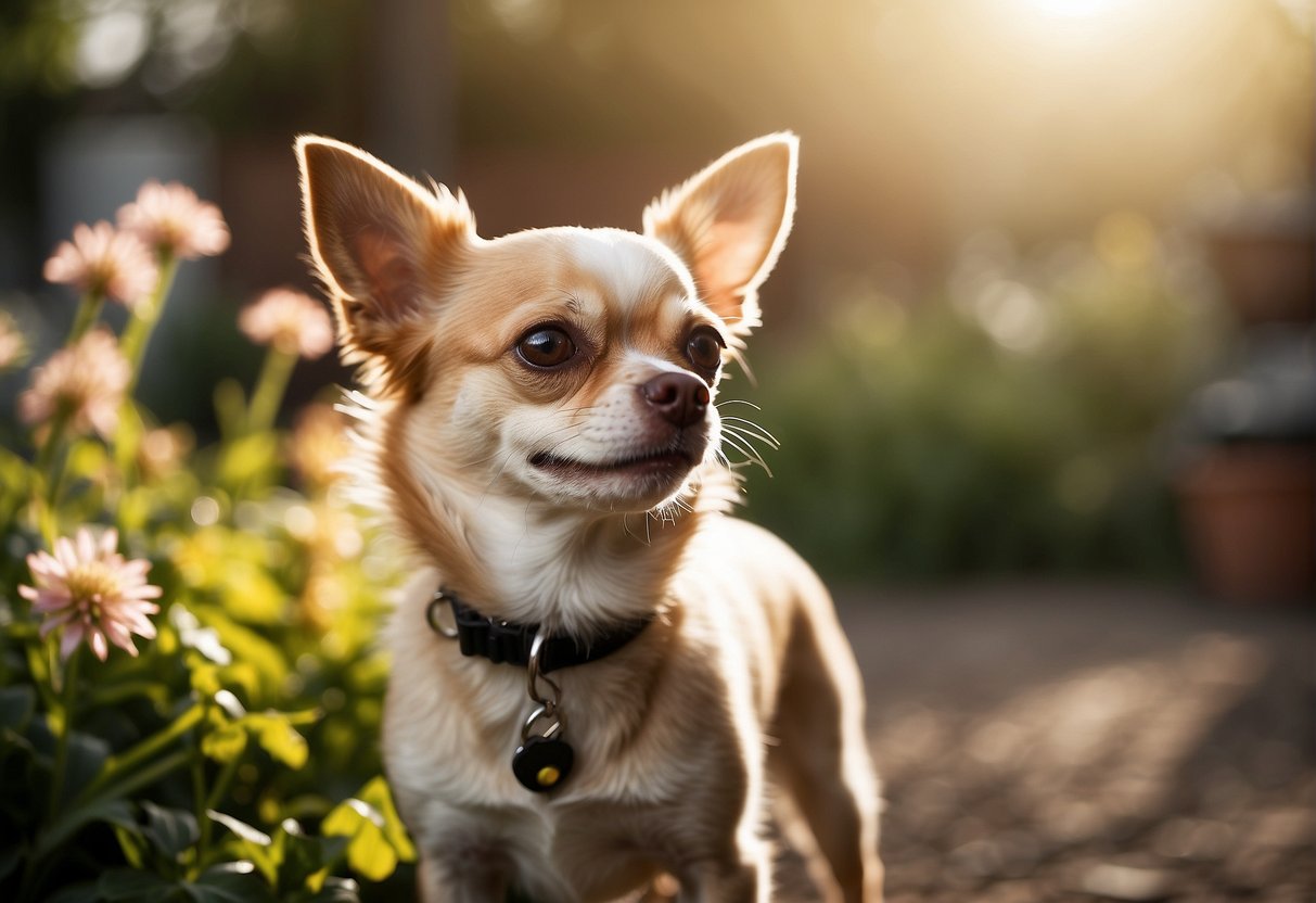 A lively Chihuahua with a shiny coat and bright eyes plays in a sunny garden. It looks healthy and full of energy, showcasing its long lifespan