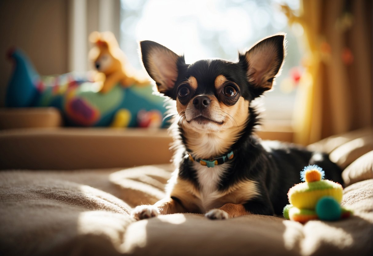 A chihuahua lounges in a cozy bed, surrounded by toys and treats. A sunny window illuminates the room, creating a warm and peaceful atmosphere