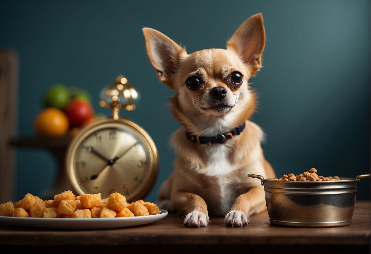 A chihuahua sitting by a bowl of food, with a leash and toys nearby, while a clock on the wall shows the passage of time