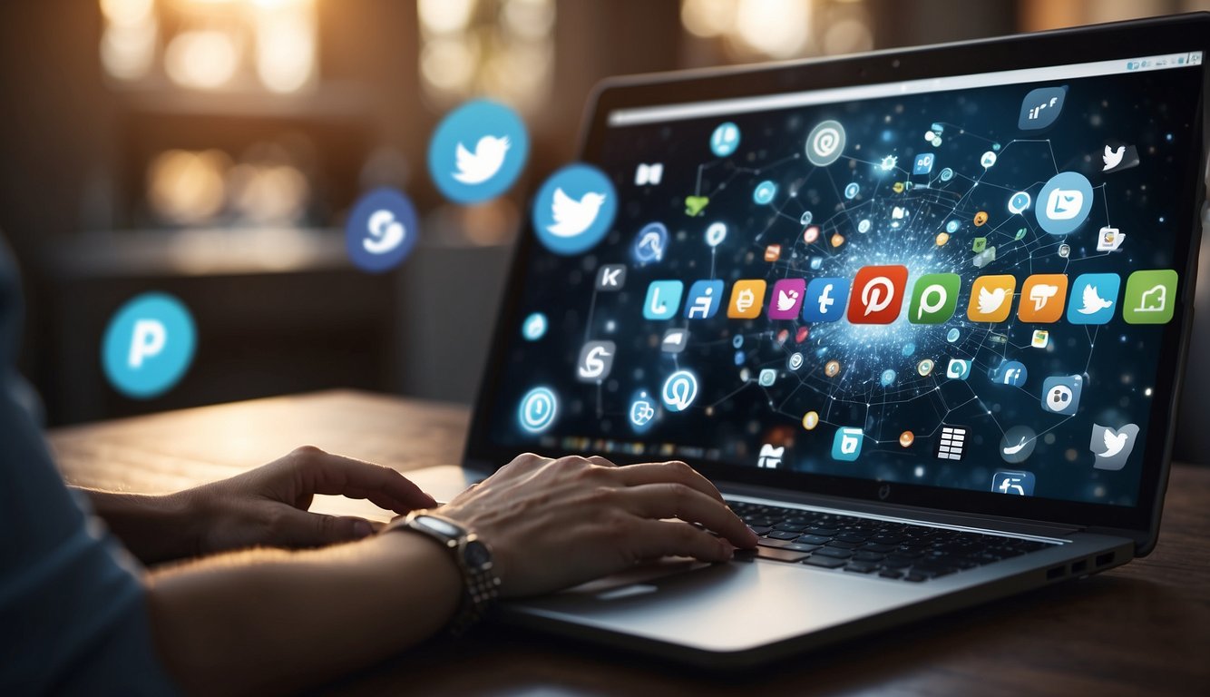 A person typing on a laptop with social media icons in the background