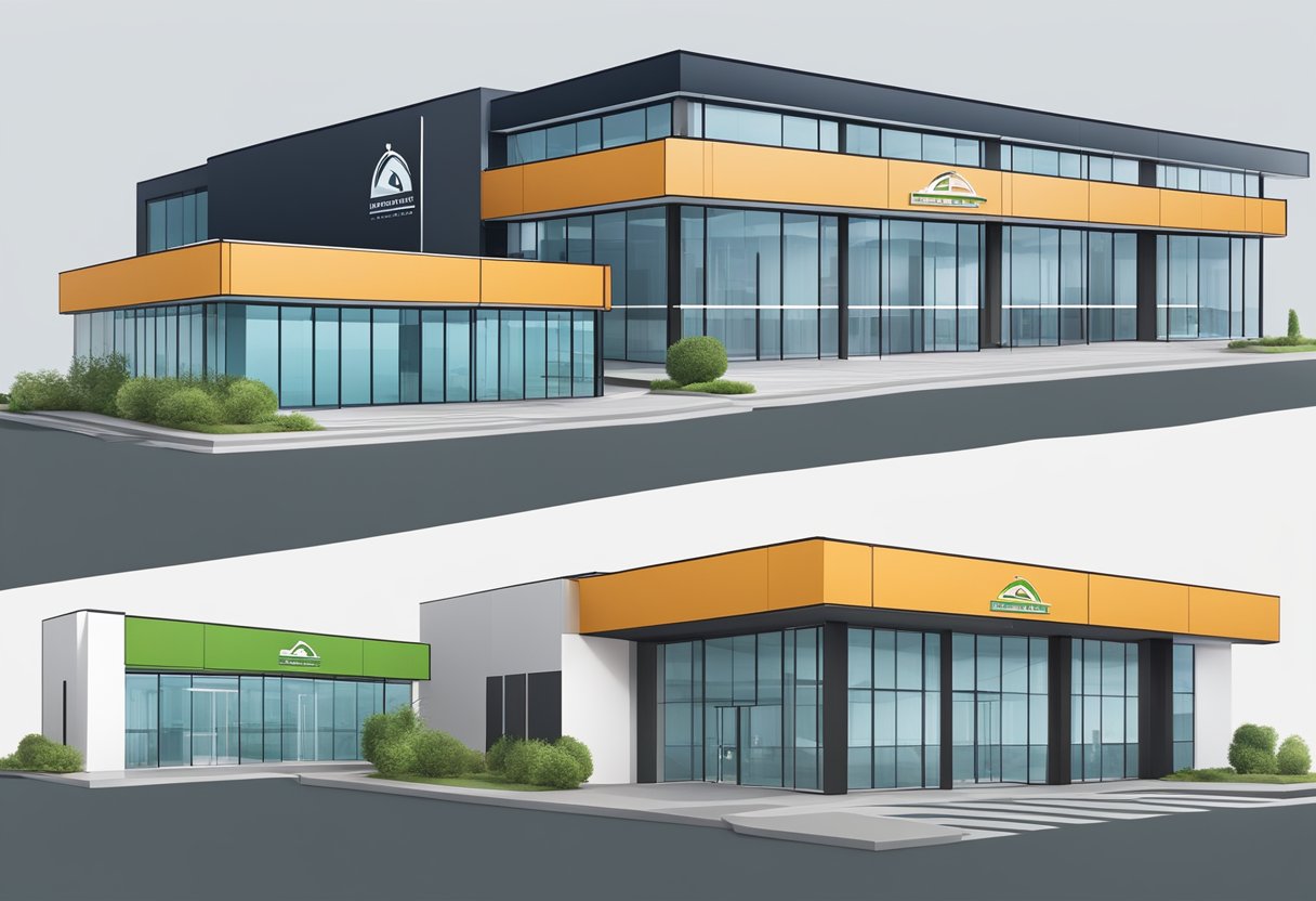 A corporation and association stand side by side, each with its own distinct logo and signage. The corporation's office is sleek and modern, while the association's building has a more traditional and community-oriented feel