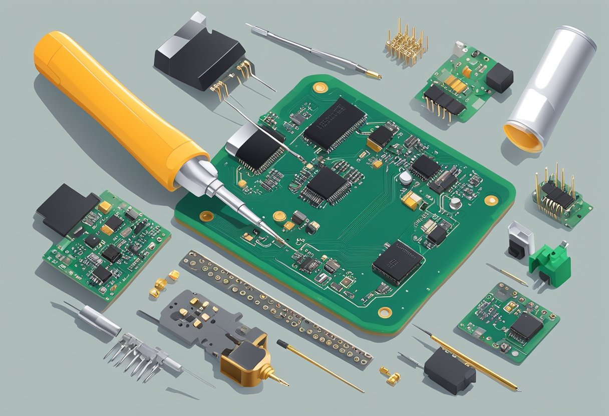 PCB components being soldered onto a circuit board, with a soldering iron and various electronic parts scattered around