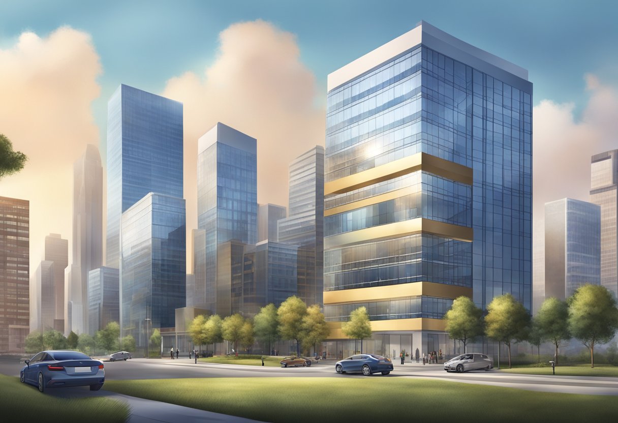 A corporate building stands tall with a clear view of the city skyline, while an association office is nestled in a community with diverse surroundings