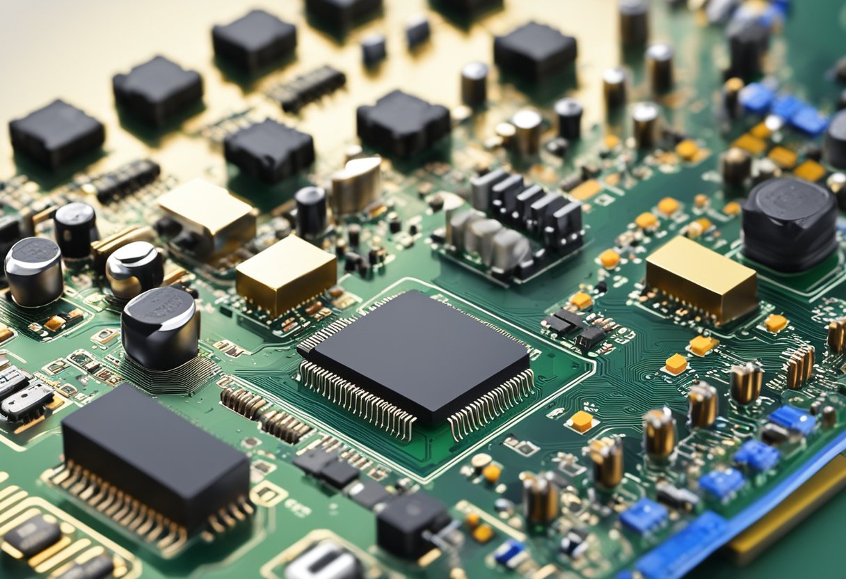 PCB components arranged on a circuit board, soldered in place. Schematic diagram in background