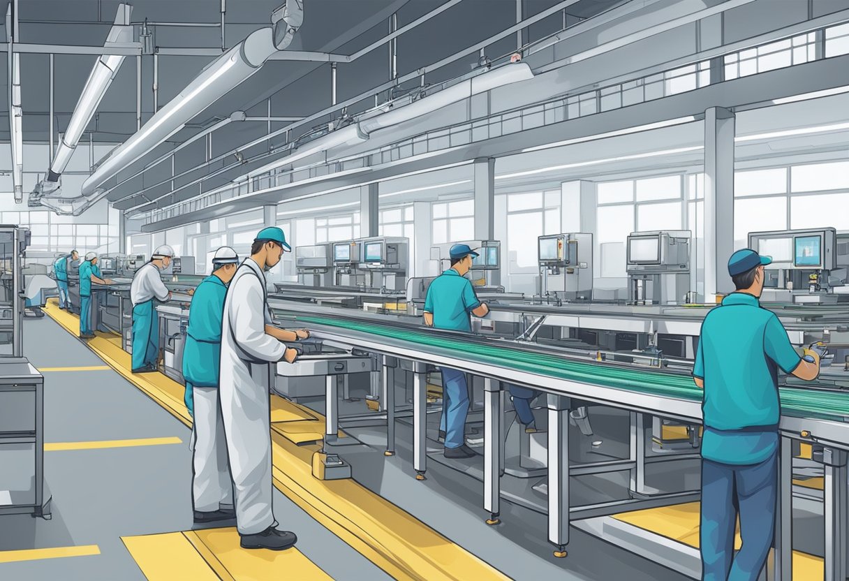 A PCB assembly line in Romania with machines, conveyor belts, and workers in a modern industrial setting