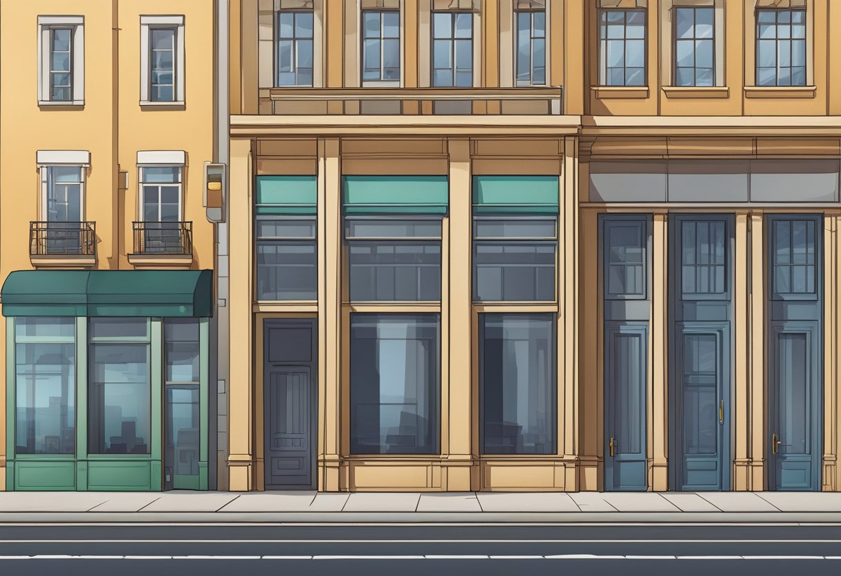 A corporation and sole proprietorship stand side by side, with the former represented by a strong, towering structure, and the latter by a simple, small office or shop