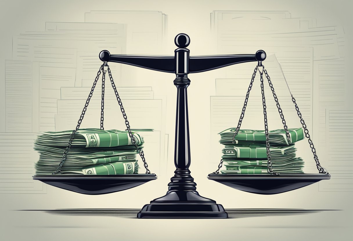 A scale with stacks of money on one side and legal documents on the other, representing the difference in legal and financial liabilities between a corporation and a sole proprietorship