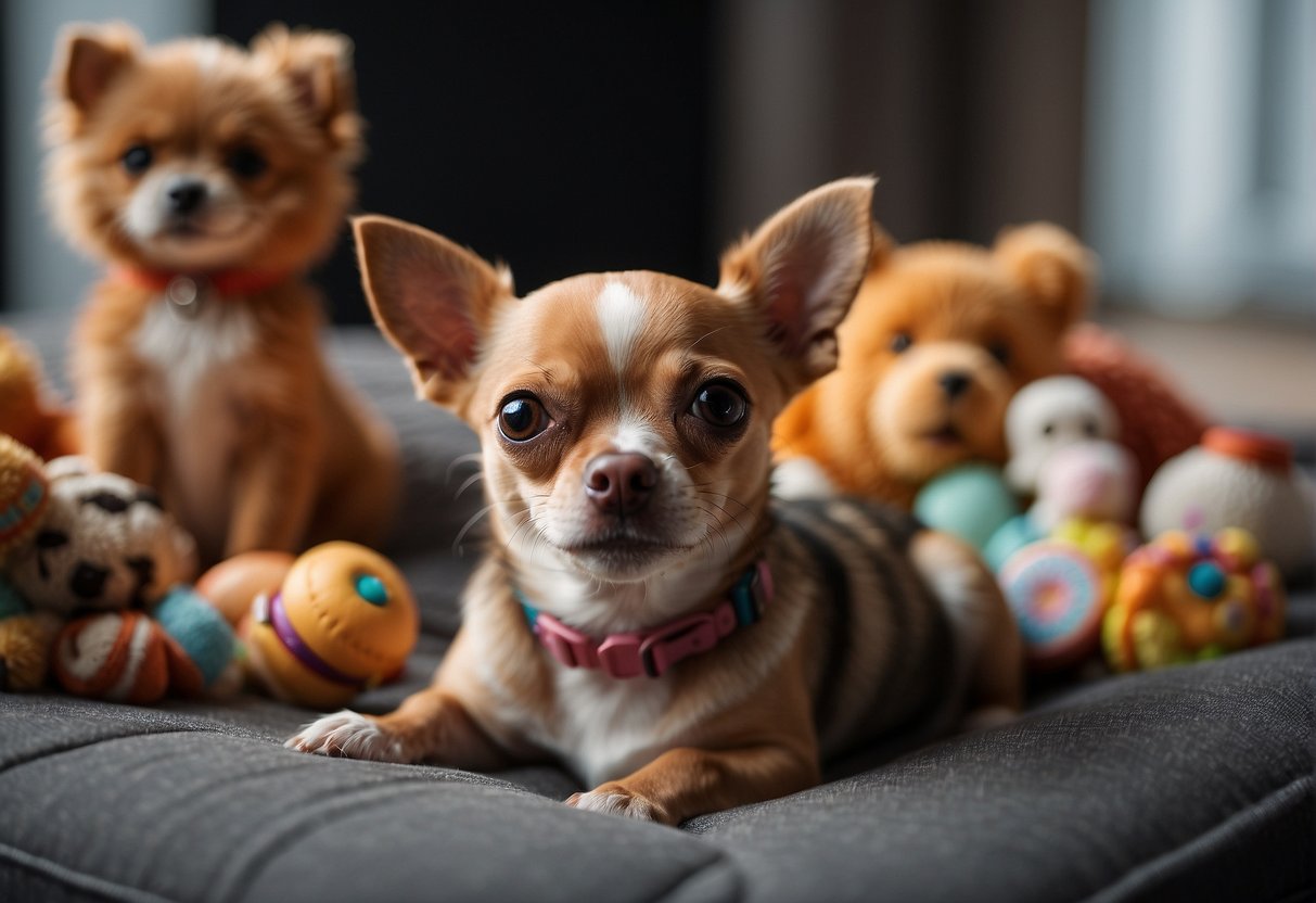 A calm chihuahua, lying peacefully on a soft cushion, surrounded by toys and treats, with a serene expression on its face