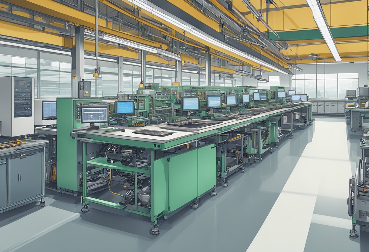 PCB assembly equipment arranged on workbenches in a well-lit manufacturing facility