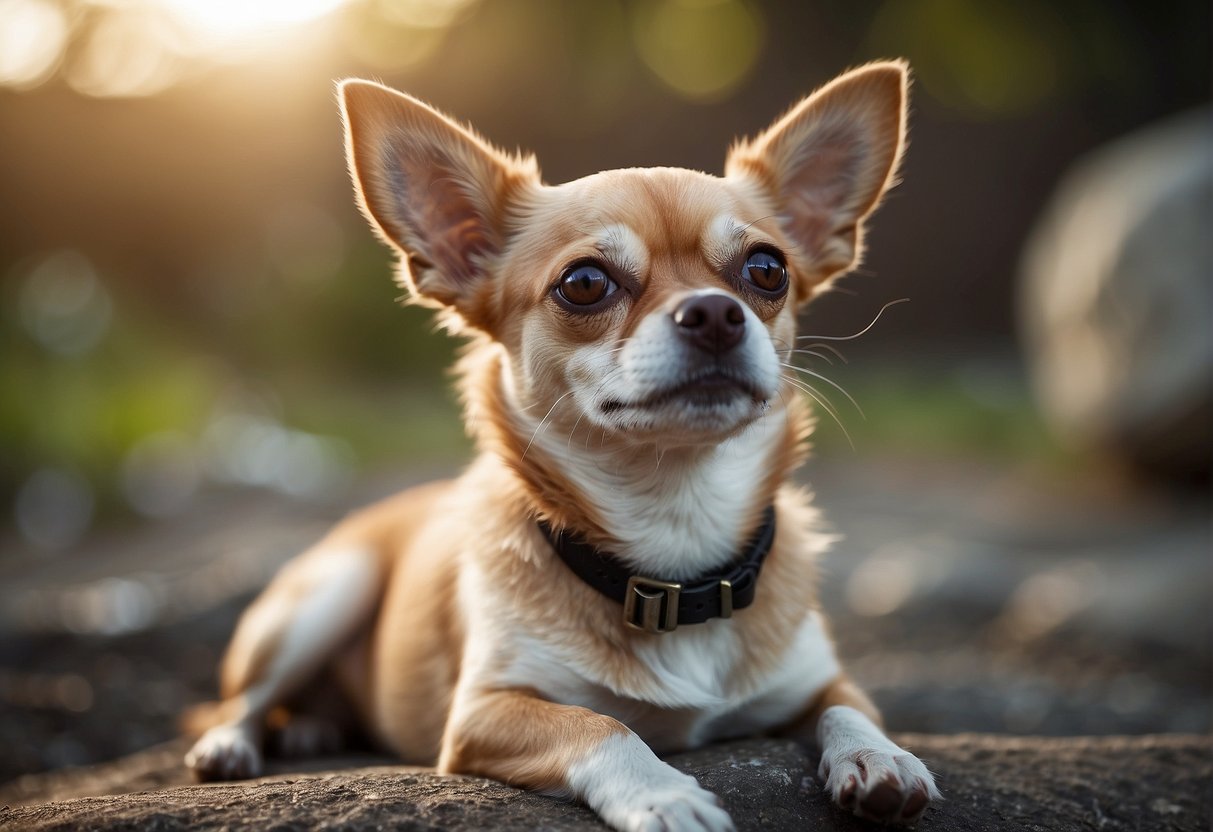 A calm Chihuahua, observing its surroundings, with a relaxed posture and content expression, showing no signs of hyperactivity or anxiety