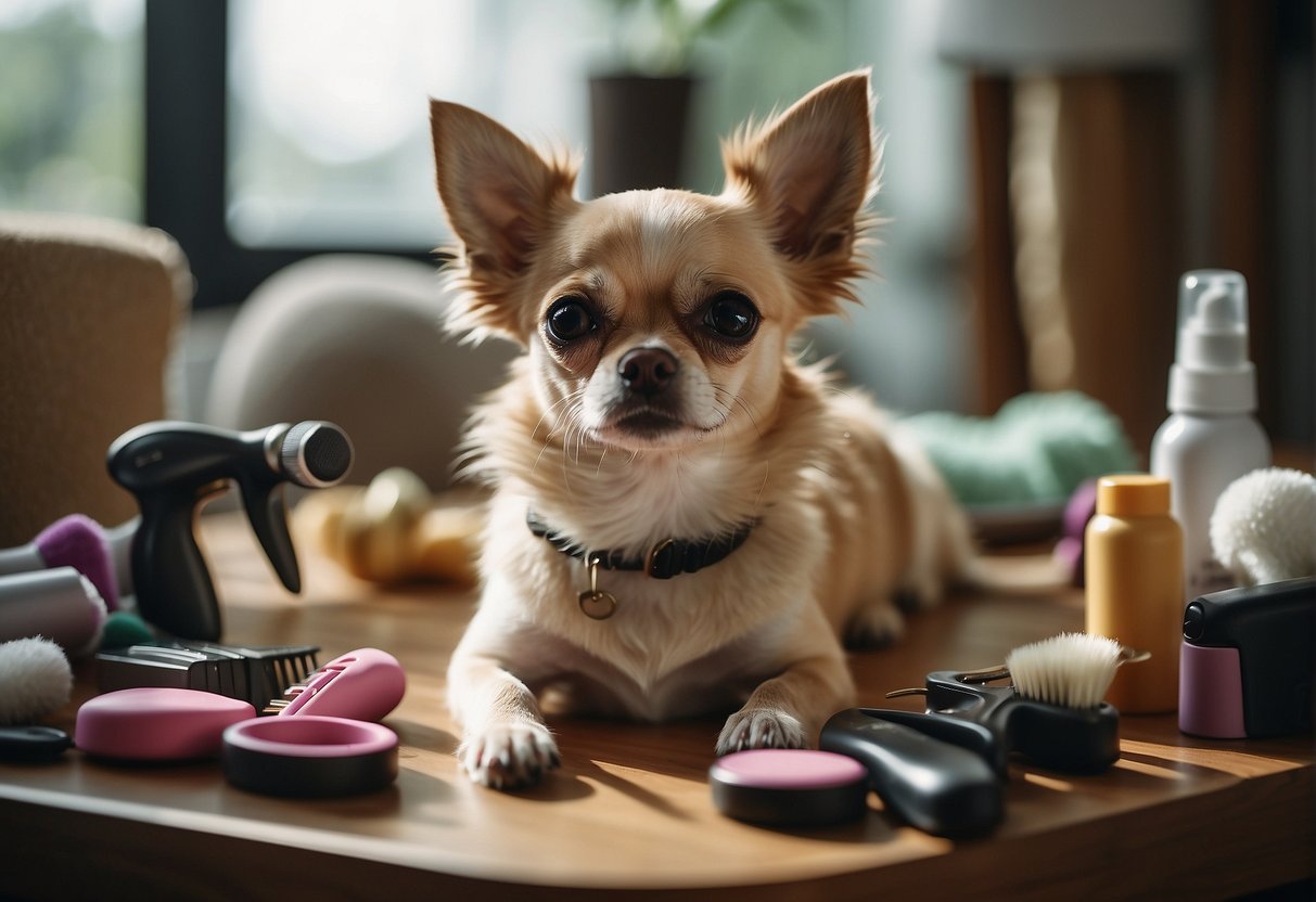 A calm Chihuahua being groomed and cared for, surrounded by grooming tools and toys, in a peaceful and cozy environment