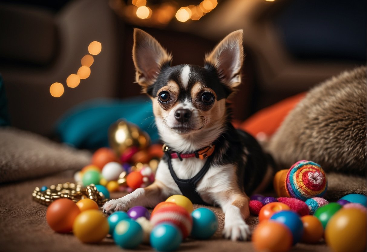 A calm chihuahua, sitting quietly with a relaxed posture, surrounded by toys and treats, with a peaceful expression on its face