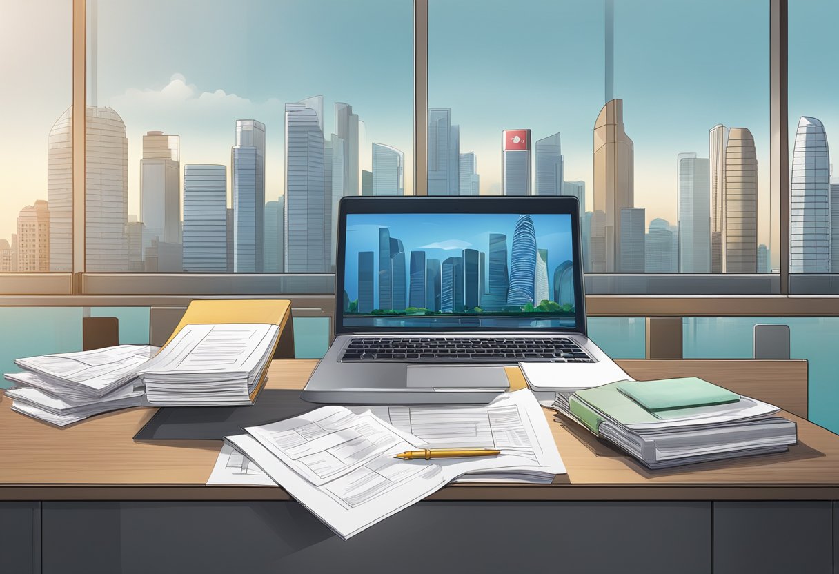 A desk with a laptop, legal documents, and a Singapore flag. A shelf with incorporation guides and a city skyline in the background
