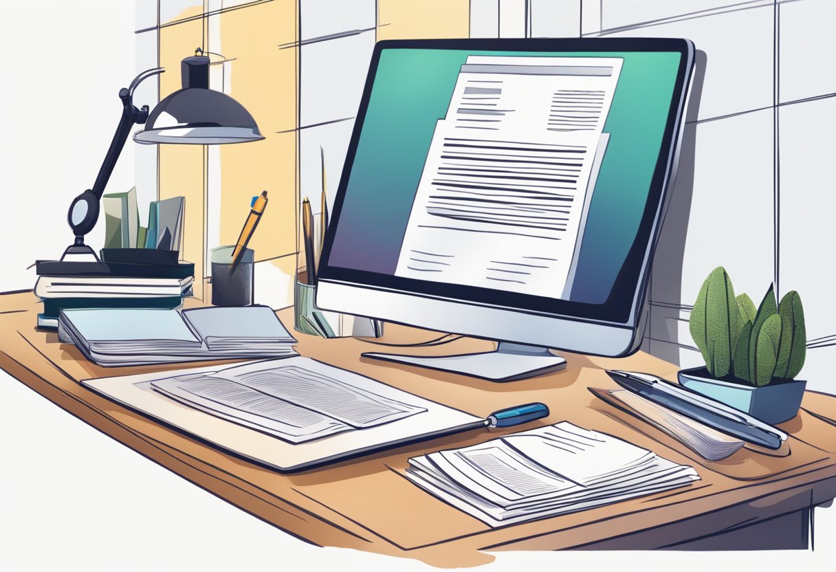 A desk with a computer, legal documents, and a pen. A person is filling out forms and researching online