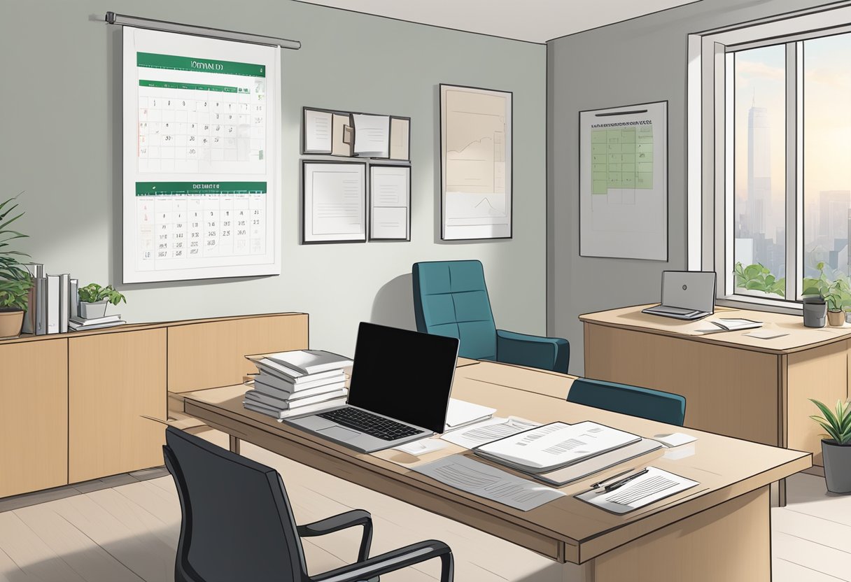 Incorporation documents on desk with open laptop and legal books nearby. Wall calendar showing date of incorporation