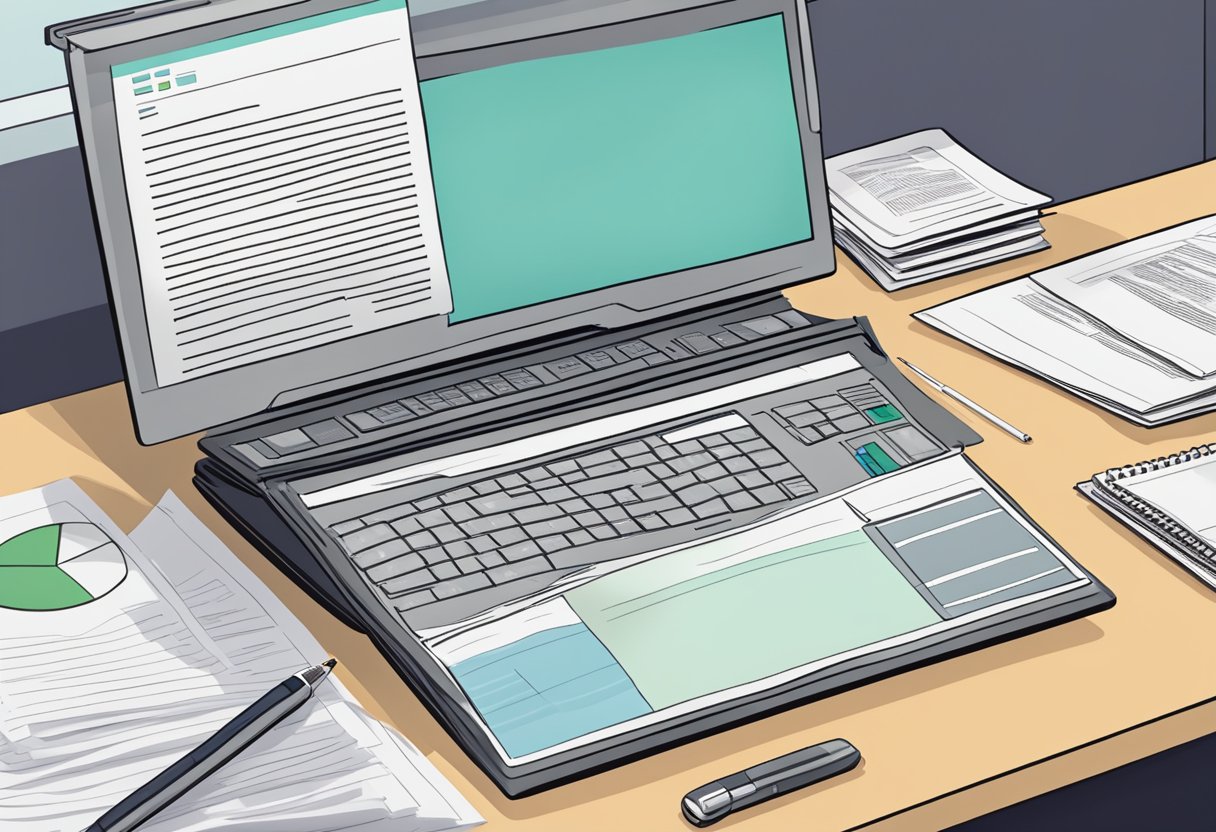 A desk with a computer, open browser showing a search for "incorporation documents," and a stack of papers labeled "FAQs."