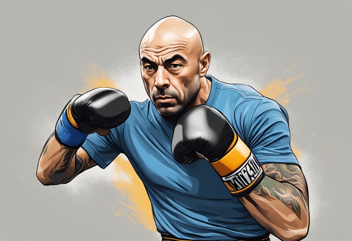 Joe Rogan practicing Muay Thai, focused and intense, executing precise strikes and powerful kicks with fluidity and grace