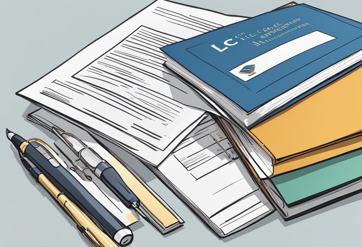 A stack of legal documents with "LLC Articles of Incorporation" printed on the cover, surrounded by a pen, glasses, and a laptop