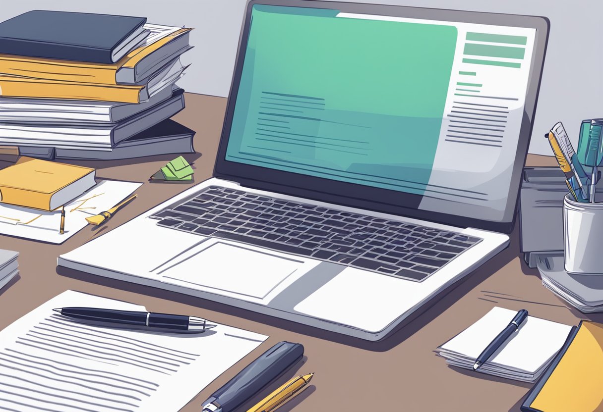 A desk with legal documents, a laptop, and a pen. A person is filling out LLC articles of incorporation