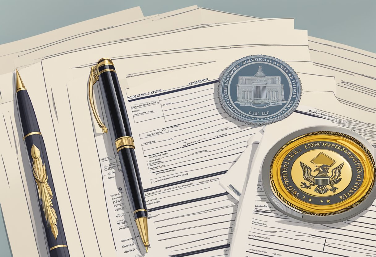 A stack of legal documents with "LLC Articles of Incorporation" printed on top, surrounded by a pen, stamp, and official seal