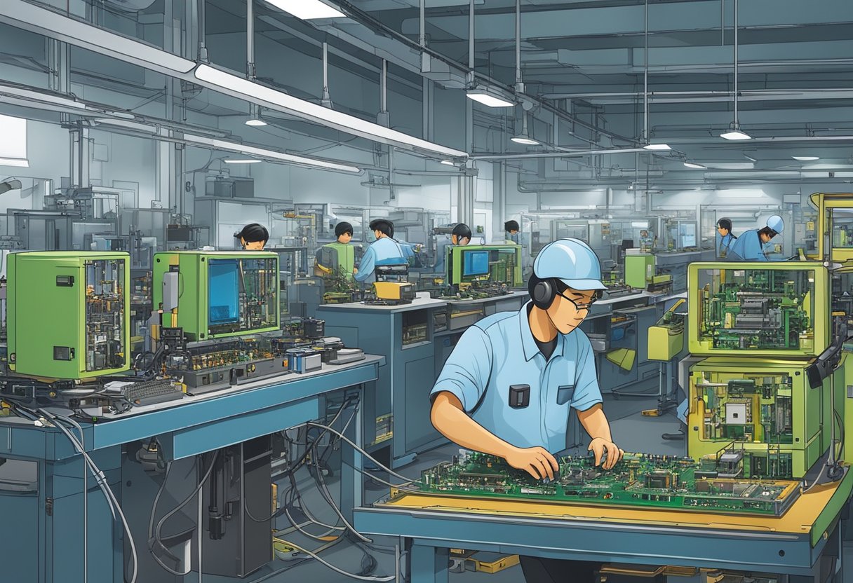 A technician assembles PCBs in an Indonesian factory, surrounded by machinery and components