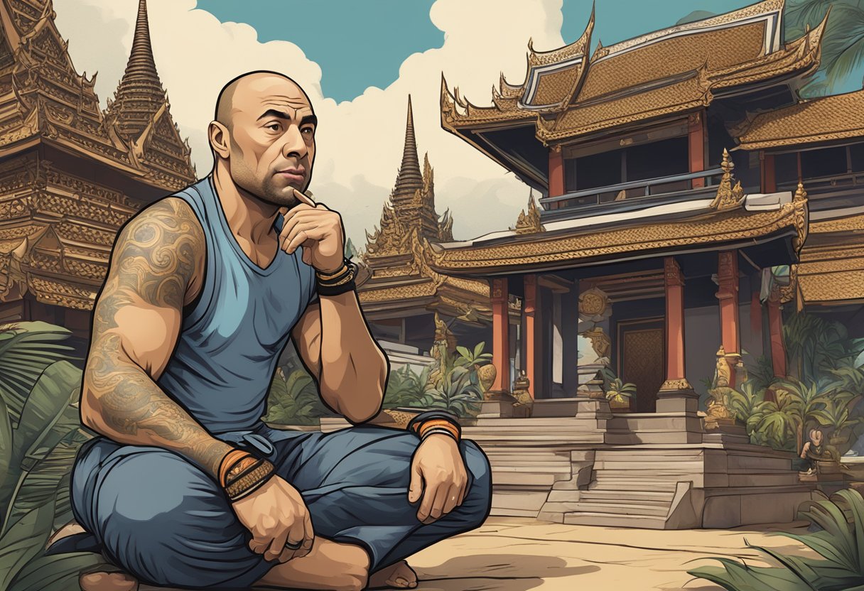 Joe Rogan discussing Muay Thai's cultural impact and growth, surrounded by traditional Thai architecture and symbols