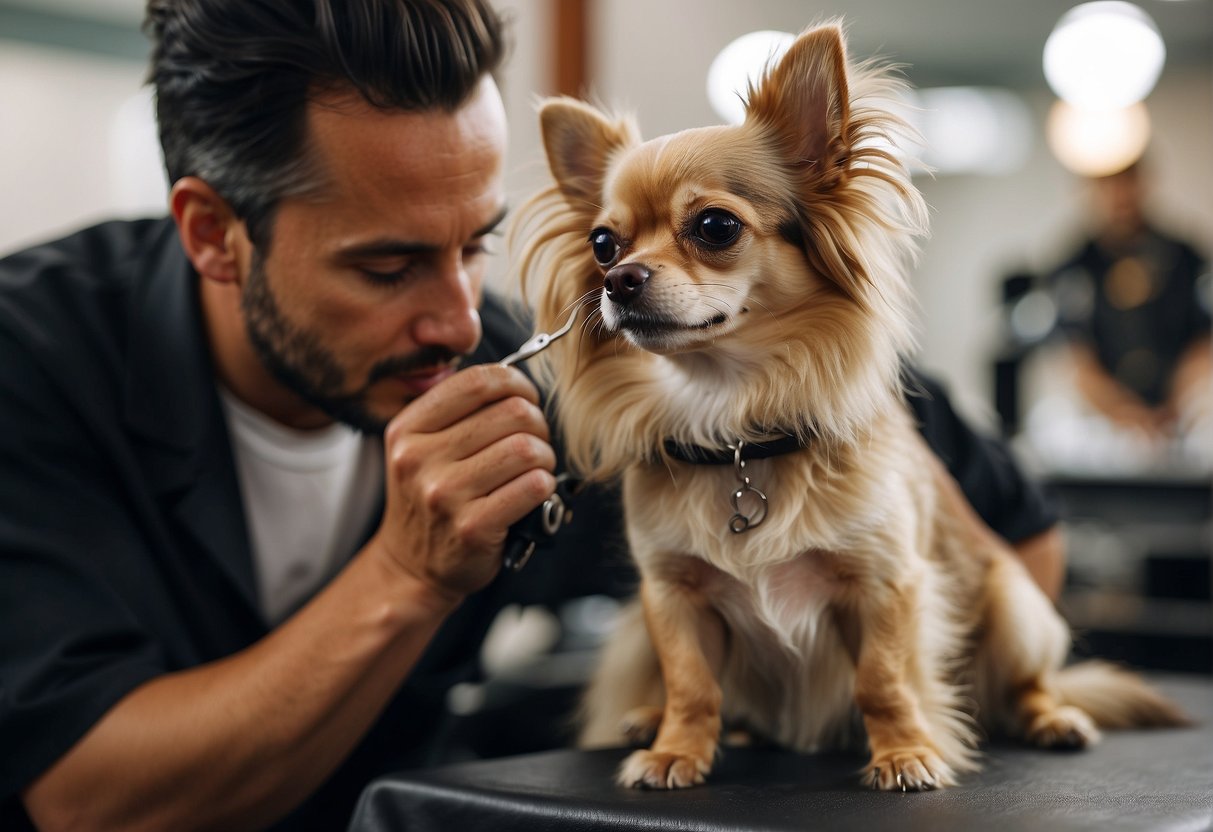 A chihuahua with long fur getting its hair trimmed by a groomer
