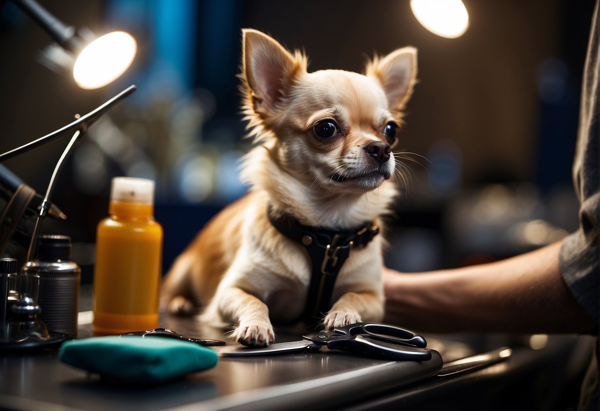 A Chihuahua with long hair being groomed, with scissors trimming its fur. The dog is calm and still, surrounded by grooming tools