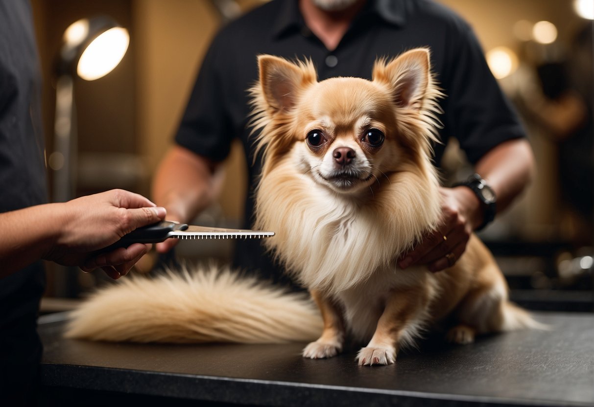 A Chihuahua with long fur being groomed, with a focus on trimming the hair