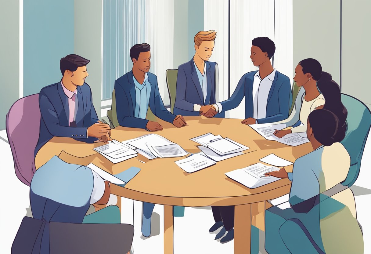 A group of people gather around a table, signing paperwork and shaking hands, symbolizing the process of incorporating a business