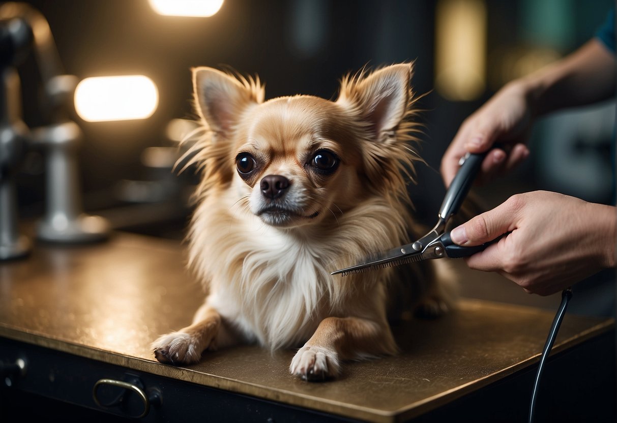 A chihuahua with long hair being gently groomed with scissors by a professional pet groomer