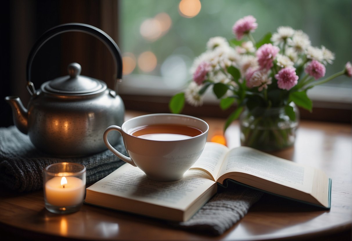A calming scene with a steaming cup of tea surrounded by soothing elements like flowers, a cozy blanket, and a book